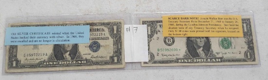 Old Silver Certificate & Scarce Barr Note Dollar Bills