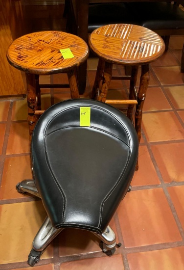 2 wood Stools & motorcycle Seat