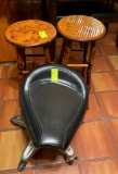 2 wood Stools & motorcycle Seat