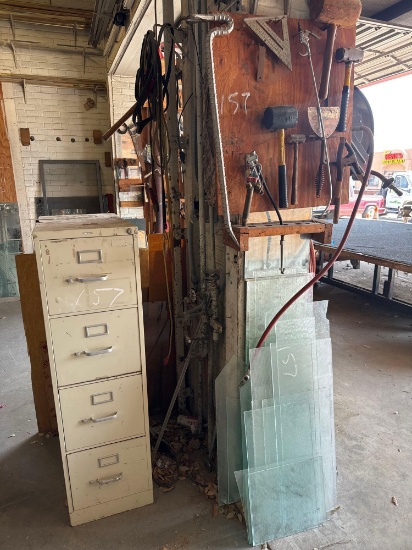 Filing Cabinet, Glass & Tools