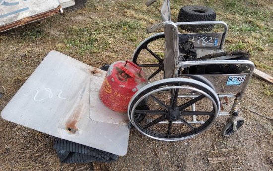 Wheelchair, Gas Tank, Signs, and Fence Shades