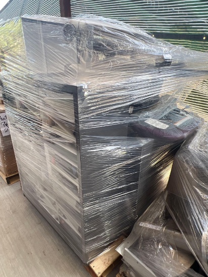 2 Drawer Desks, Gray 3 Shelf Bookcase, Office Supplies, Rolling Chairs, & Insulated Water Tank