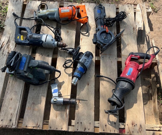 Hammer Drill, 2 Saw Zalls, Galaxy Pro Sander, Air Hammer Central Pneumatic, and Circular Saw