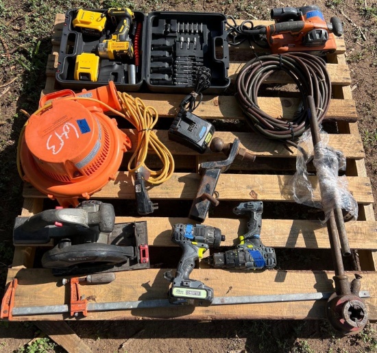 Coupler 2" Ball, Drill Master, 3/8 Impact, Batteries, All Treader 24" Bar, Torch w/ Hose, & Sander