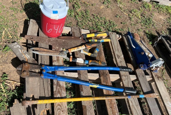 Dewalt Saw, Bolt Cutter, Crowbar, Garden Cutter, Fiscas Brush Cutters, and 1Gal. Rubbermaid Cooler