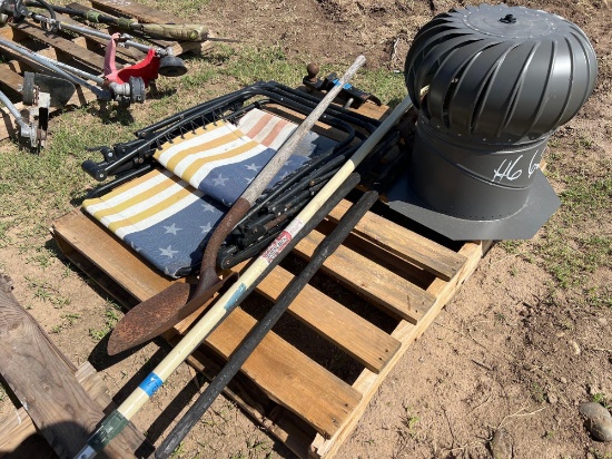 Posthole Digger, Roof Vent, Shovel, Hitch Tow 2" Ball, Paint Extension Pole, and Chair