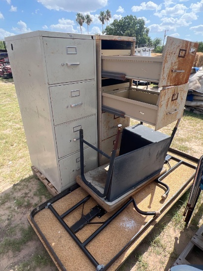 Filing cabinet, tables and desk.
