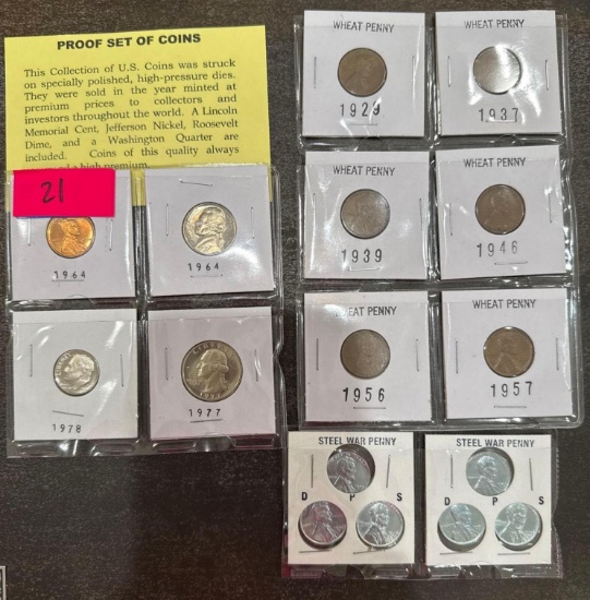 Proof Set of coins, Wheat Penny & Steel War Penny