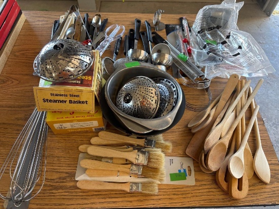 Kitchen Utensils, Steam Baskets, Wooden Spoons, Metal Strainers, Whisk, and Basting Brushes