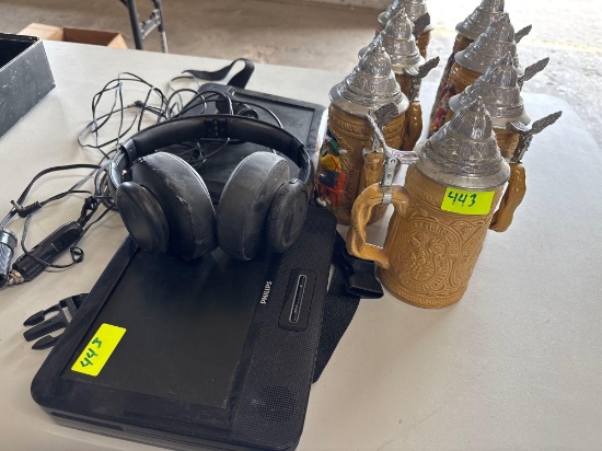 Portable DVD Player, Headphones and Steins with Lids