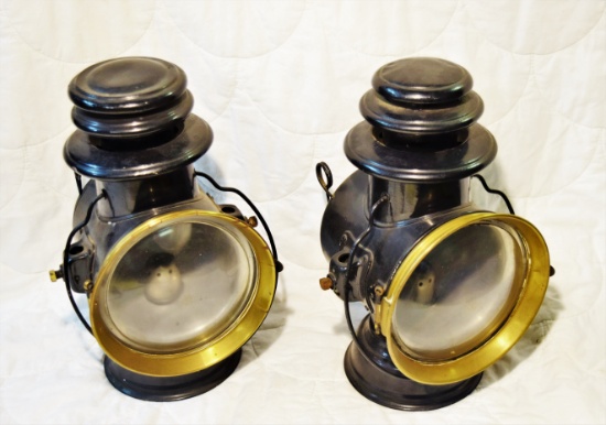 Early Pair of Dietz Driving Kerosene Lamps