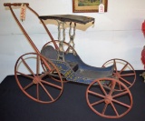 1800's Child's Wooden Doll Carriage in original blue pt