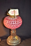 1800's Rare Opalescent Coin Dot in Cranberry Oil Lamp
