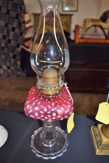 Hobbs Brockunier Co. Cranberry Opalescent Oil Lamp