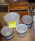 Group of crocks & wooden sewing box