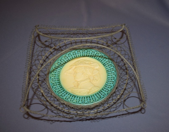 Early Wire Basket with Majolica Plate