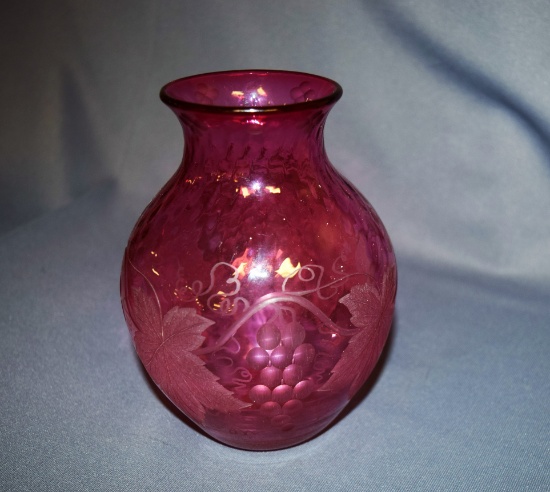 Etched Cranberry Vase