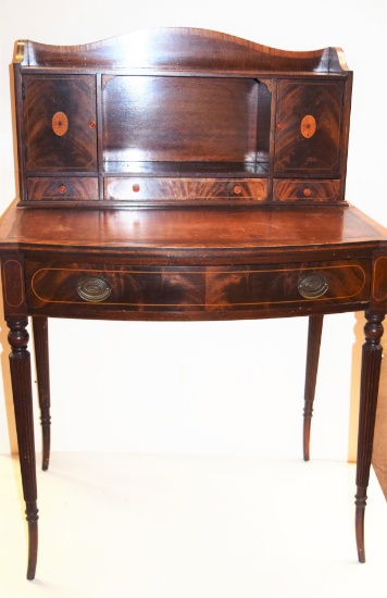 19th Century Inlaid Mahogany Ladies Writing Table w/ Reeded & Tapered Legs