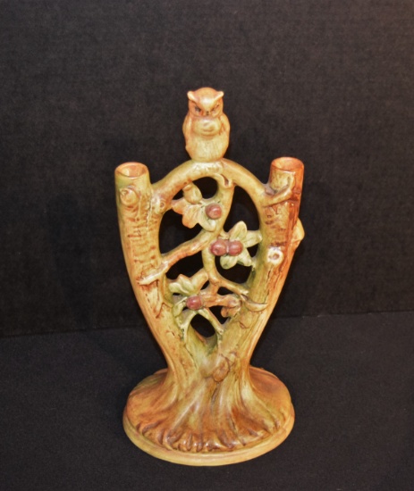 13" Weller Woodcraft Double Bud Vase w/ Owl