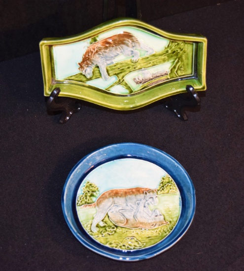 2 German Majolica Pin Trays with Animals