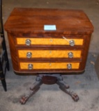 19th Century Clawfoot 3 Drawer Sewing Stand with Burl Drawers