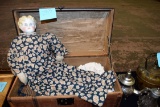 Large Old China Head Doll with Cloth body & Extra Clothing in Chest