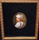 Beautiful Early Framed German Hand Painted Portrait on Porcelain of Woman In Turban (2.5