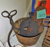CAST IRON POT W/ ICE TONGS, ETC. - PICK UP ONLY
