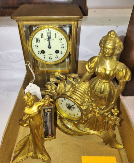 Gold Gilt Figural Clock, Figural thermometer & Open Case Regulator Clock (no pendulum) PICK UP ONLY