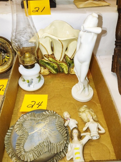 Nude statue, McCoy floral vase, Miniature oil lamp, Porcelain pin cushion figural tops