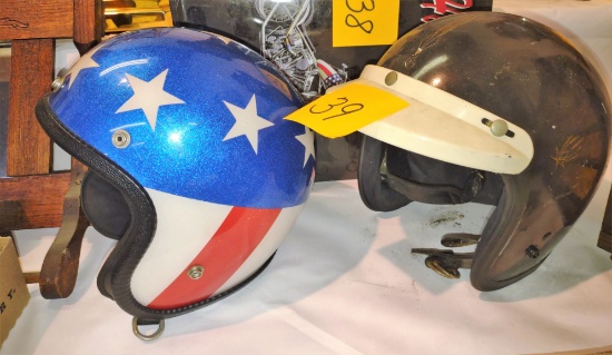 2 Vintage Motorcycle Helmets with Stars & Stripes
