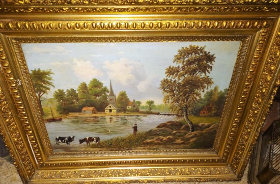 SCENIC OIL ON CANVAS IN 35"X27" GOLD GILT FRAME - PICK UP ONLY