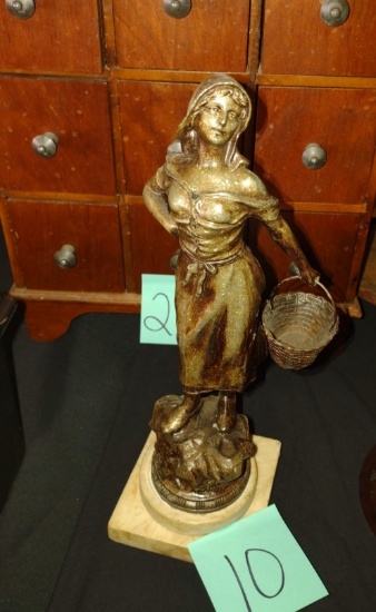 14" GERMAN SPELTER STATUE OF WOMAN with BASKET & MARBLE BASE