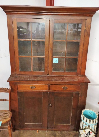 1800's COUNTRY 12 PANE WALNUT FLATBACK CUPBOARD - PICK UP ONLY