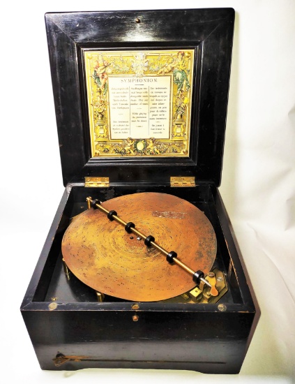 1800'S SYMPHONION MUSIC BOX (13" X 7") & 2 DISC RECORDS - WORKS - PICK UP ONLY