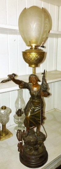 VICTORIAN FIGURAL SPELTER BANQUET LAMP OF LADY HOLDING FLAG  (BEEN ELECTRIFIED) - PICK UP ONLY