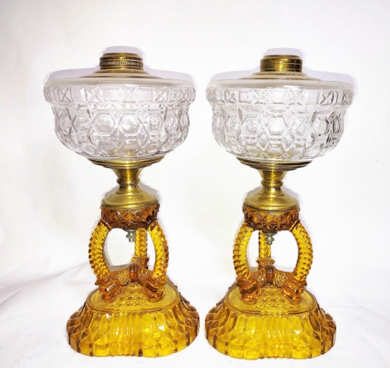 BEAUTIFUL PAIR OF 12" AMBER & CLEAR OIL LAMPS