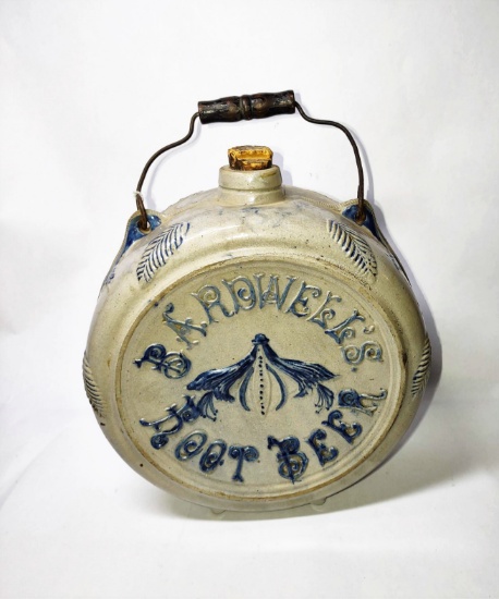 BARWELL'S 11" DECORATED ROOT BEER STONEWARE CANTEEN