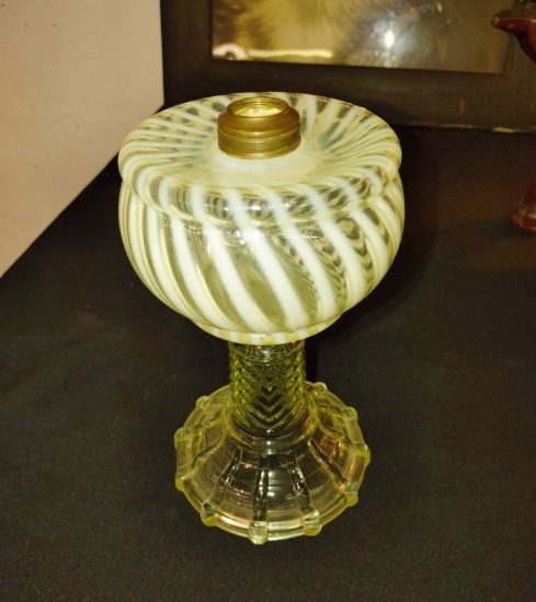 ANTIQUE 8" VASELINE SWIRL OIL LAMP BASE