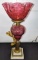 ANTIQUE OIL LAMP with CRANBERRY SHADE & FLASH GLASS CENTER