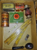 ADVERTISING TINS, RULERS, CANDY CONTAINER, PEN