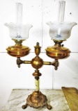 DOUBLE FISTED OIL LAMP with SWIRL SHADES, FOOTED BASE & ONYX STEM