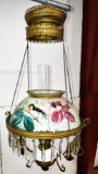 HAND PAINTED VICTORIAN HANGING LAMP with BIRD MOTIF & GREEN JEWELS