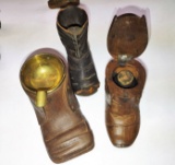 1800's CARVED WOODEN SHOES w/ ASHTRAY & INKWELL