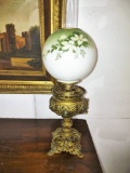 ANTIQUE BANQUET LAMP with JEWELED BASE - ELECTRIFIED