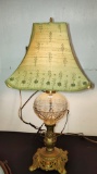 ANTIQUE OIL LAMP BASE with FABRIC SHADE