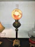 ELECTRIFIED ANTIQUE BANQUET LAMP with HAND PAINTED SHADE