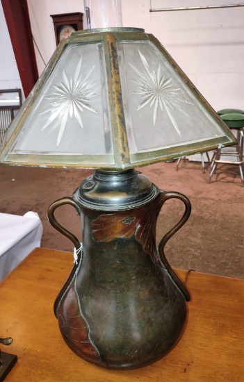 LARGE 23" BRADLEY & HUBBARD HOLLOWED BRONZE ELECTRIFIED OIL LAMP with GINKO ACCENT  - PICK UP ONLY