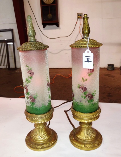 PAIR OF 14" ANTIQUE REVERSE PAINTED & BRASS ELECTRIC CYLINDER TABLE LAMPS (WORK)