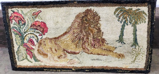 5 FT HOOKED RUG ON FRAME with LION, TREES & FOLIAGE - PICK UP ONLY